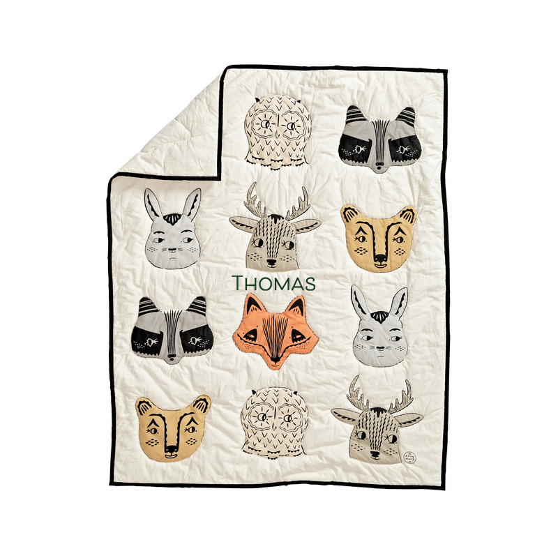 View Personalized Roxy Marj Woodland Animal 100% Organic Cotton Baby Crib Quilt details