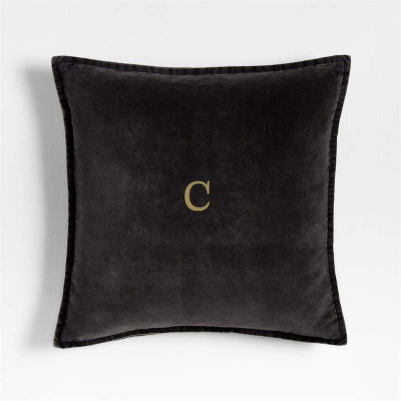 View Personalized Relaxed Washed Organic Cotton Velvet 20"x20" Ink Black Throw Pillow with Feather Insert details