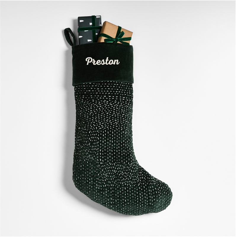 View Personalized Sashiko Green Velvet Christmas Stocking details