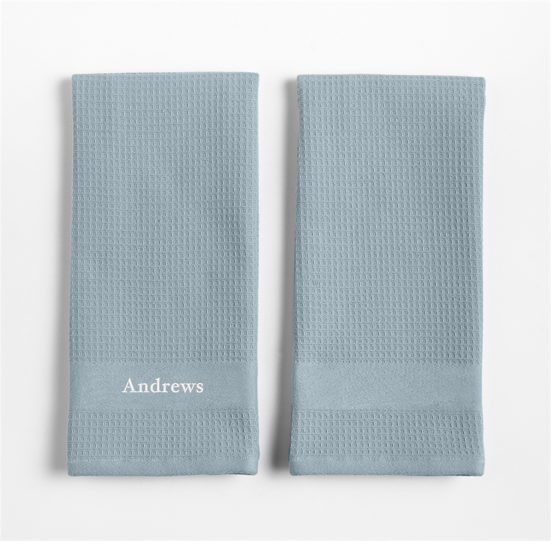 View Personalized Waffle Terry Harbor Blue Organic Cotton Kitchen Dish Towels, Set of 2 details