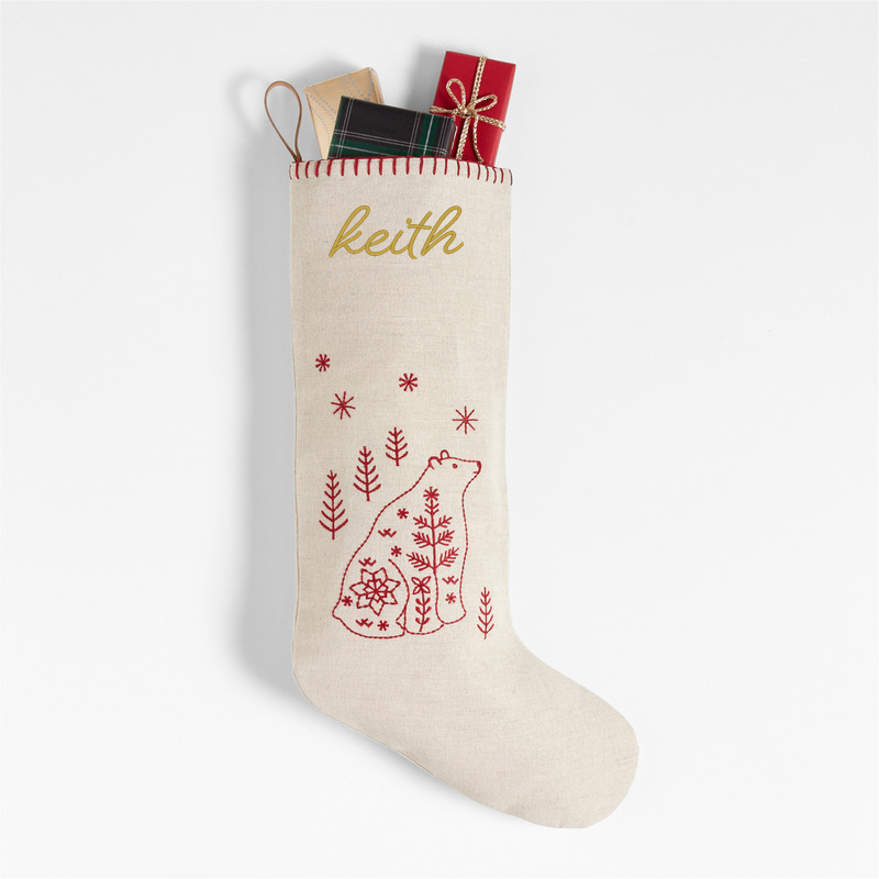 View Personalized Scandi Heritage Bear Linen Kids Christmas Stocking details