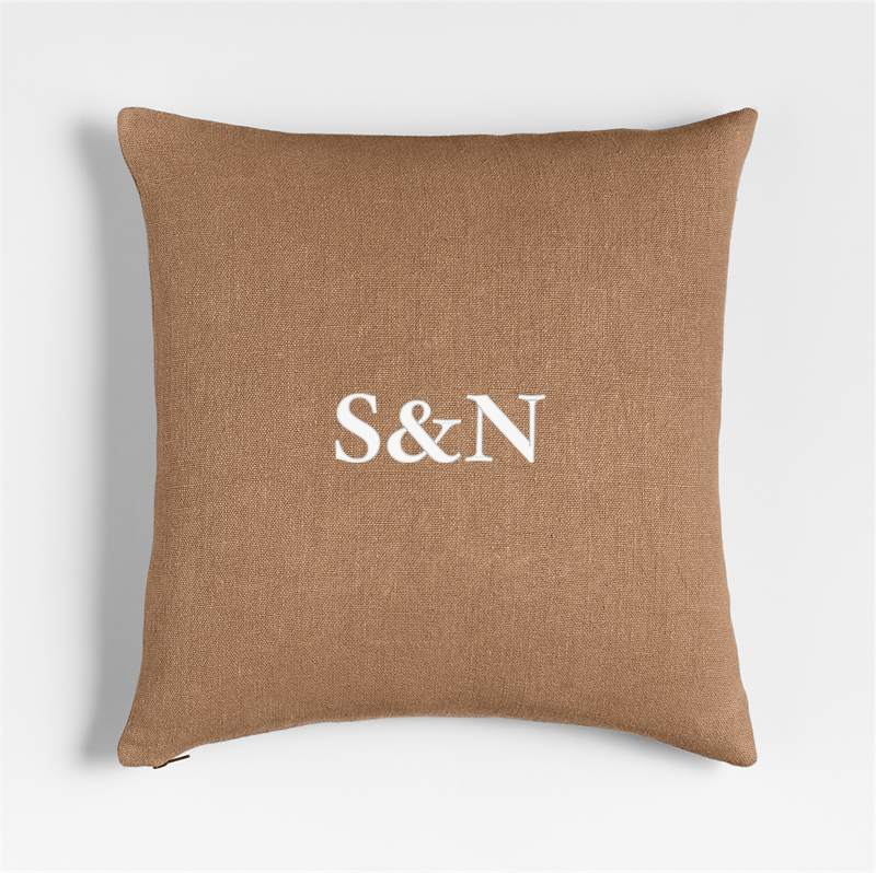 View Personalized Relaxed Linen 20"x20" Sierra Tan Layering Throw Pillow with Down-Alternative Insert details