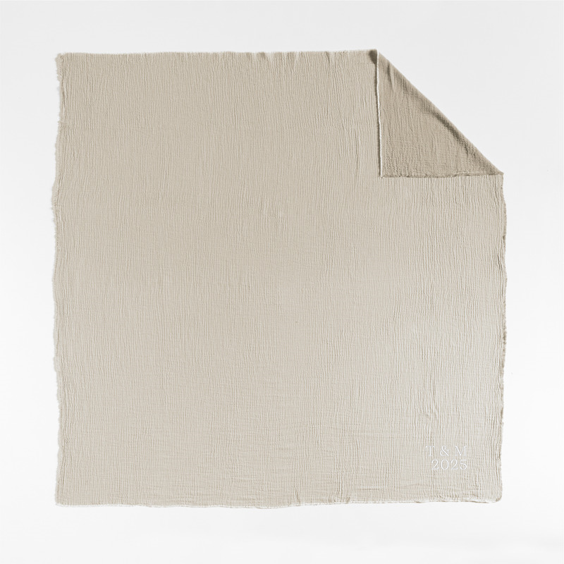 View Personalized Reversible Stripe Gauze 80"x80" Taupe Brown and Arctic Ivory Bed Blanket details