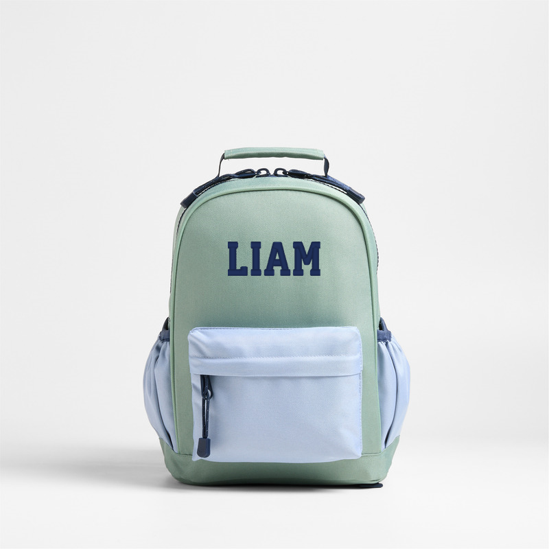 View Personalized Dreamer Colorblock Green and Blue Small Kids Backpack with Side Pockets details
