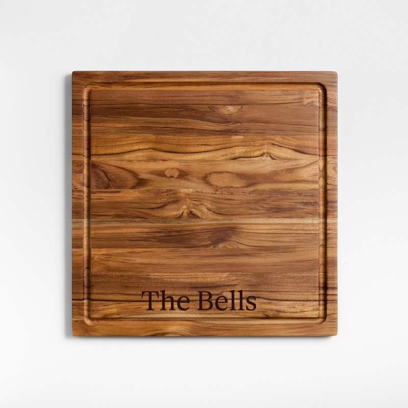 View Personalized Crate & Barrel Reversible Teak Wood Cutting Board 16"x16"x0.75" details