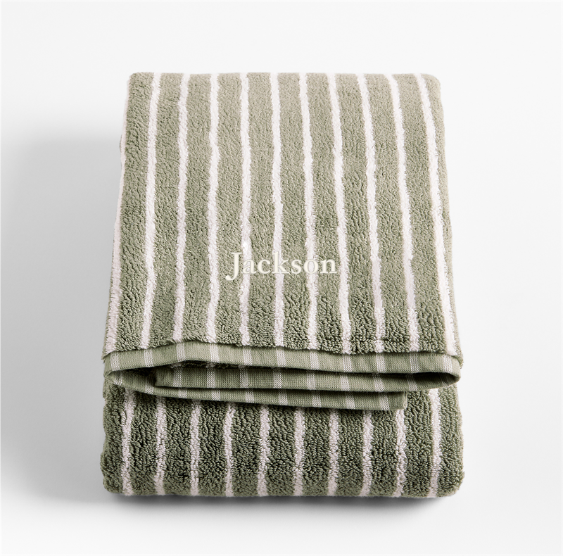 View Personalized Organic Turkish Cotton Shadow Sage and Pampas Ivory Stripe Bath Towel details