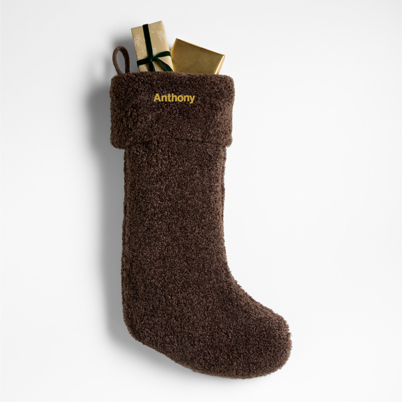 View Personalized Deep Brown Faux Shearling Christmas Stocking details