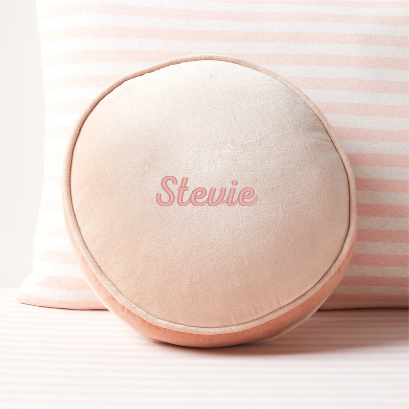View Personalized Harriet Round Elegant Pink Velvet Kids Throw Pillow details