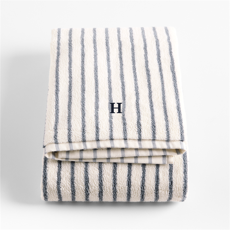 View Personalized Classic Organic Turkish Cotton Pampas Ivory and Evening Blue Stripe Bath Towel details