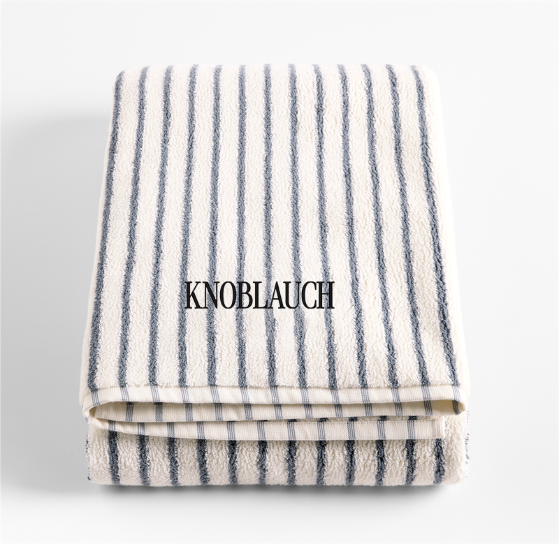 View Personalized Classic Organic Turkish Cotton Pampas Ivory and Evening Blue Stripe Bath Sheet details