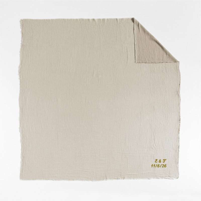 View Personalized Reversible Stripe Gauze 80"x80" Taupe Brown and Arctic Ivory Bed Blanket details