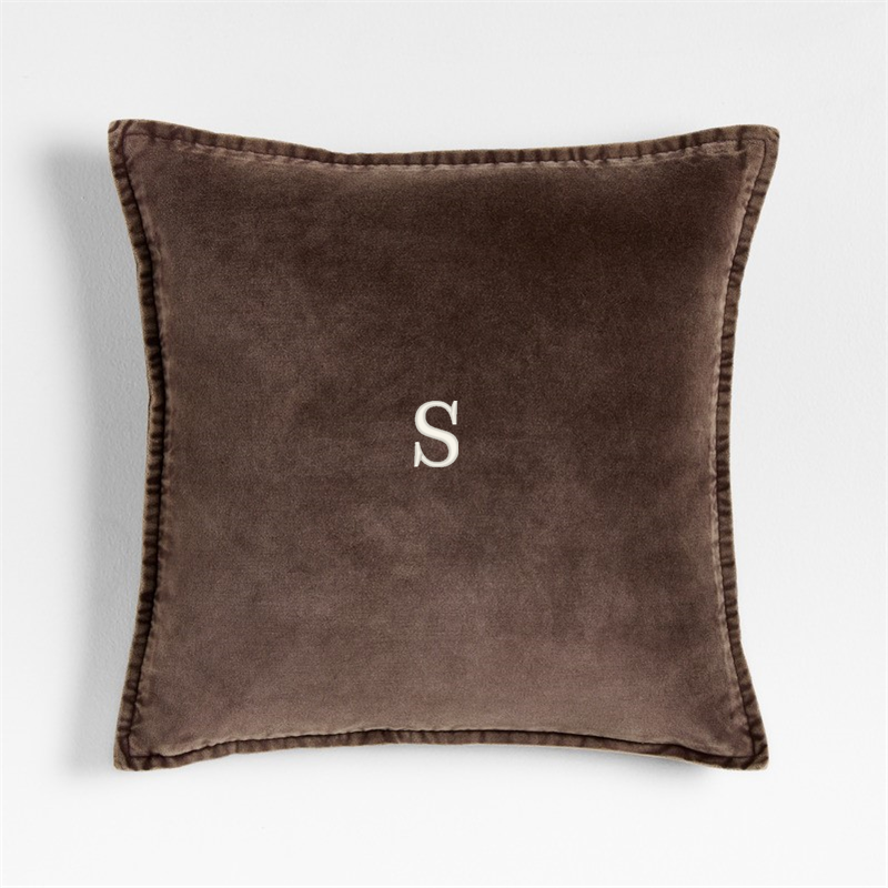 View Personalized Relaxed Washed Organic Cotton Velvet 20"x20" Deep Brown Throw Pillow with Down-Alternative Insert details