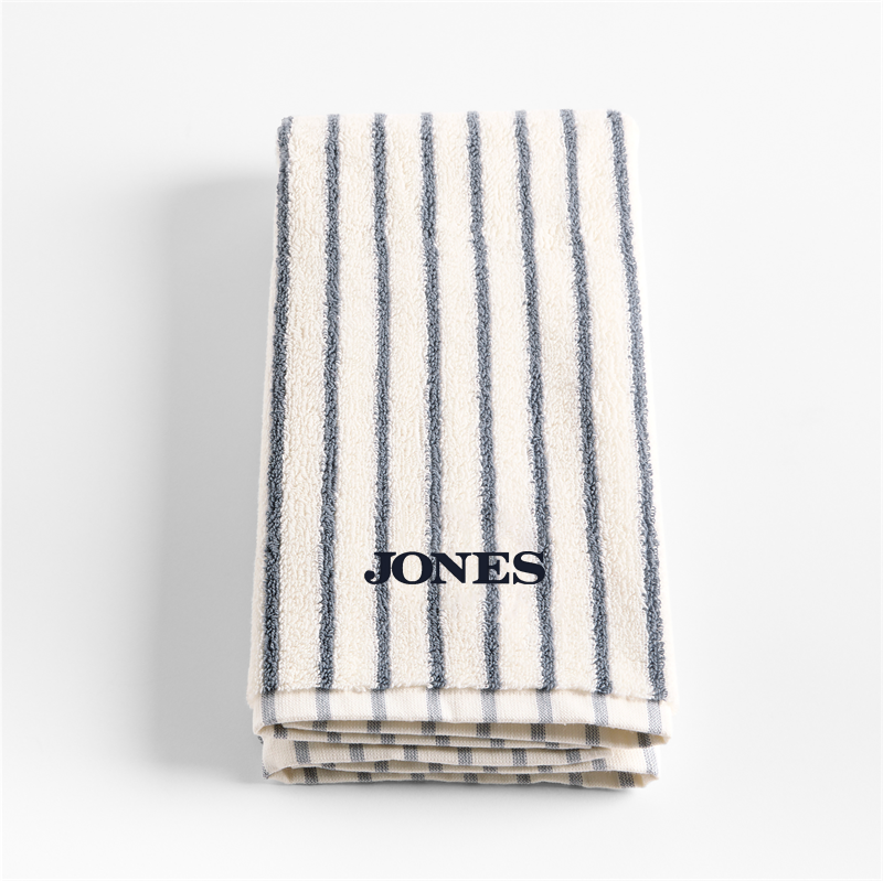 View Personalized Organic Turkish Cotton Pampas Ivory and Evening Blue Stripe Hand Towel details