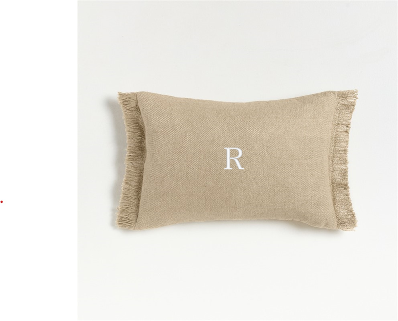 View Personalized Casual Textured Fringe 24x16 Flax Taupe Throw Pillow with Down-Alternative Insert details