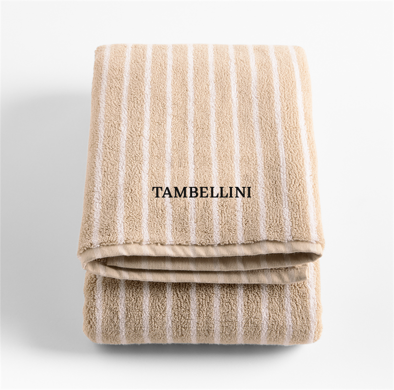 View Personalized Organic Turkish Cotton Sand Beige and Crisp White Stripe Bath Towel details