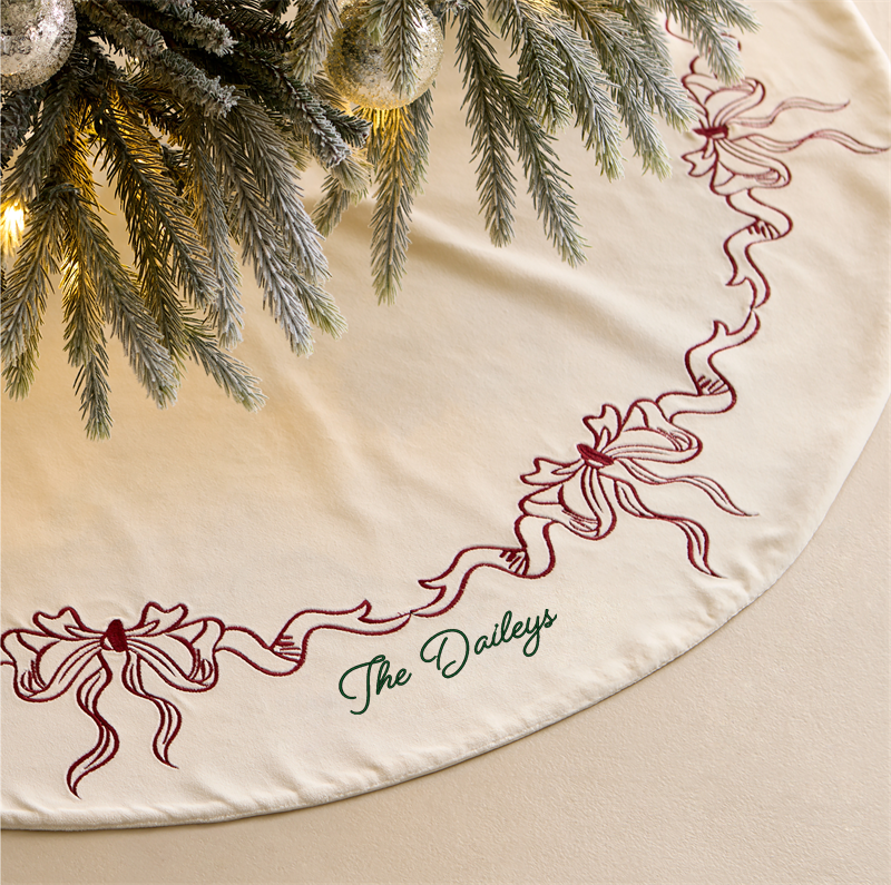 View Personalized Heidi Red Bow Velvet Christmas Tree Skirt 48" details