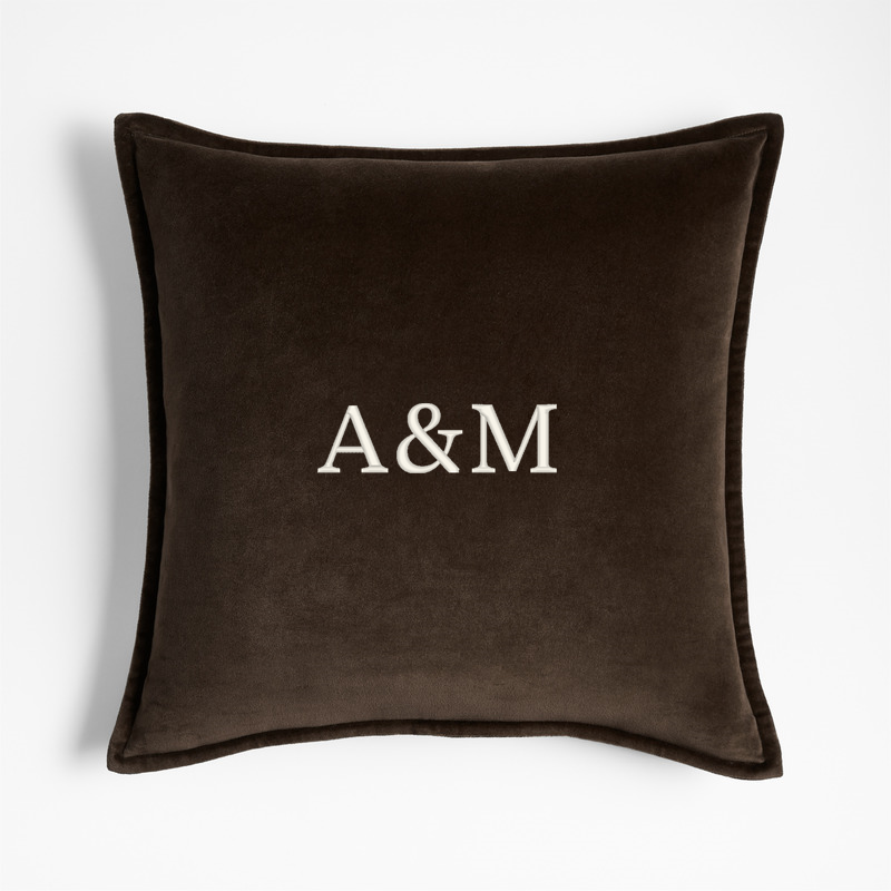 View Personalized Deep Brown 20x20 Washed Organic Cotton Velvet Throw Pillow with Down-Alternative Insert details