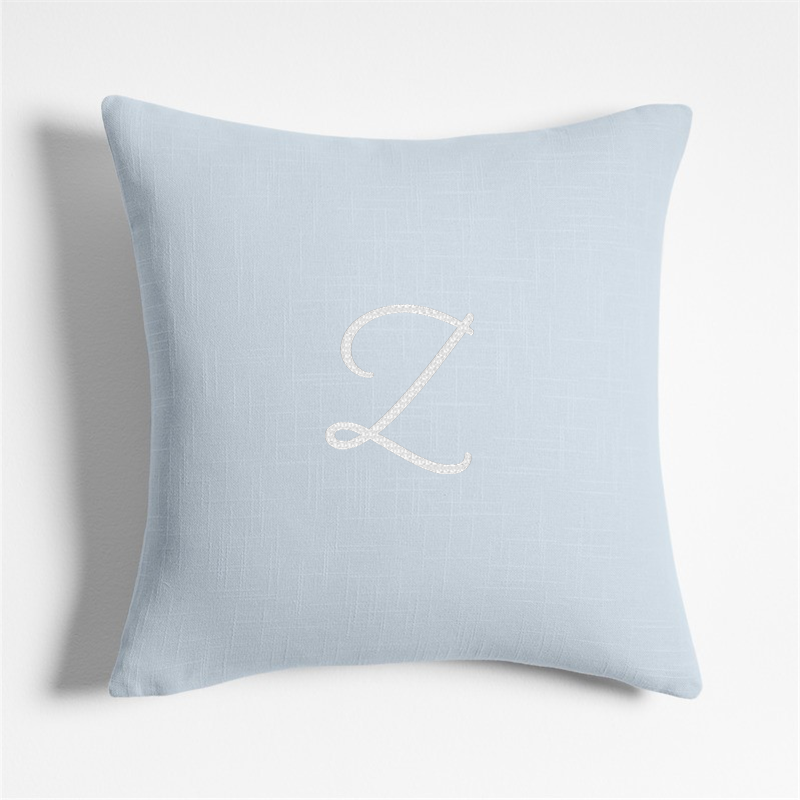 View Personalized Organic Cotton Monogrammable 20"x20" Sky Blue Throw Pillow with Feather Insert details