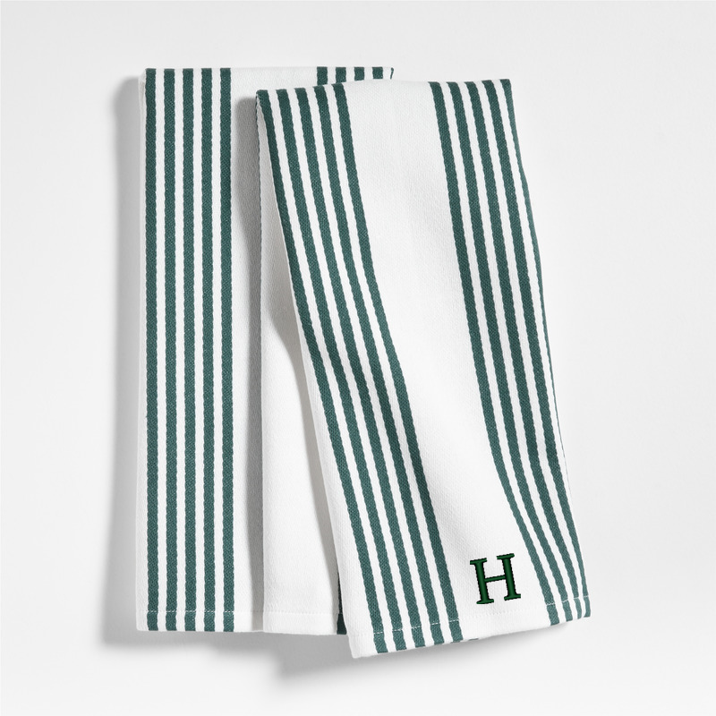View Personalized Cuisine White with Green Stripe Organic Cotton Dish Towels, Set of 2 details