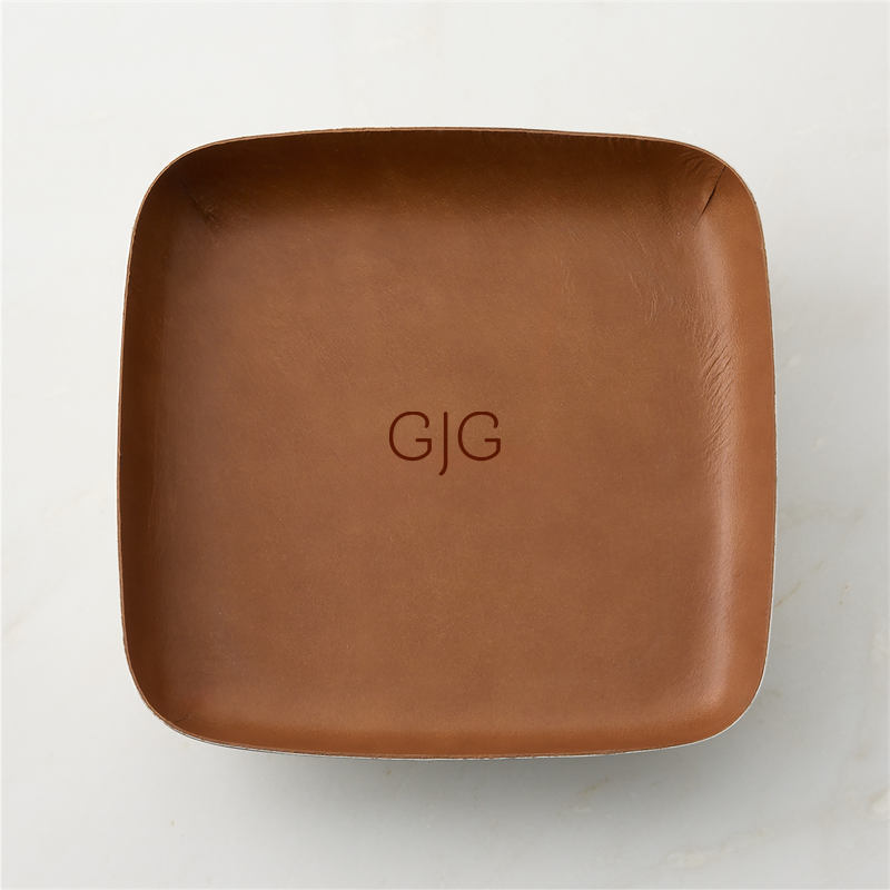 View Personalized Mitri Stainless Steel and Brown Leather Decorative Tray details