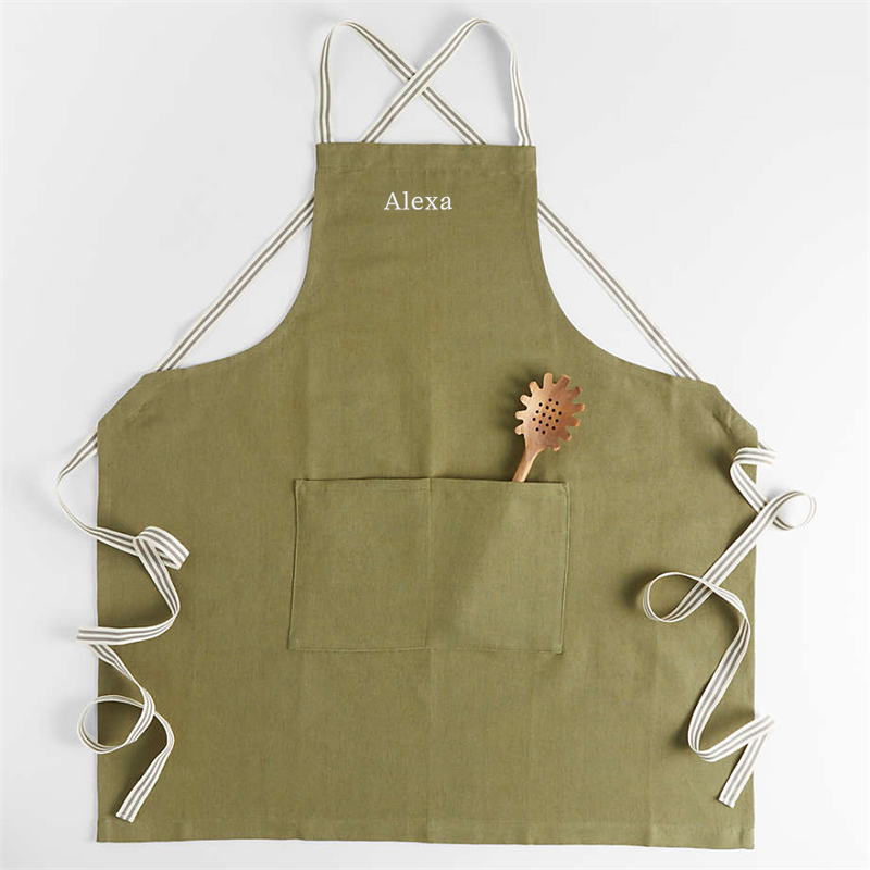 View Personalized Oslo Cross-Back Green Linen-Organic Cotton Apron with Pocket details