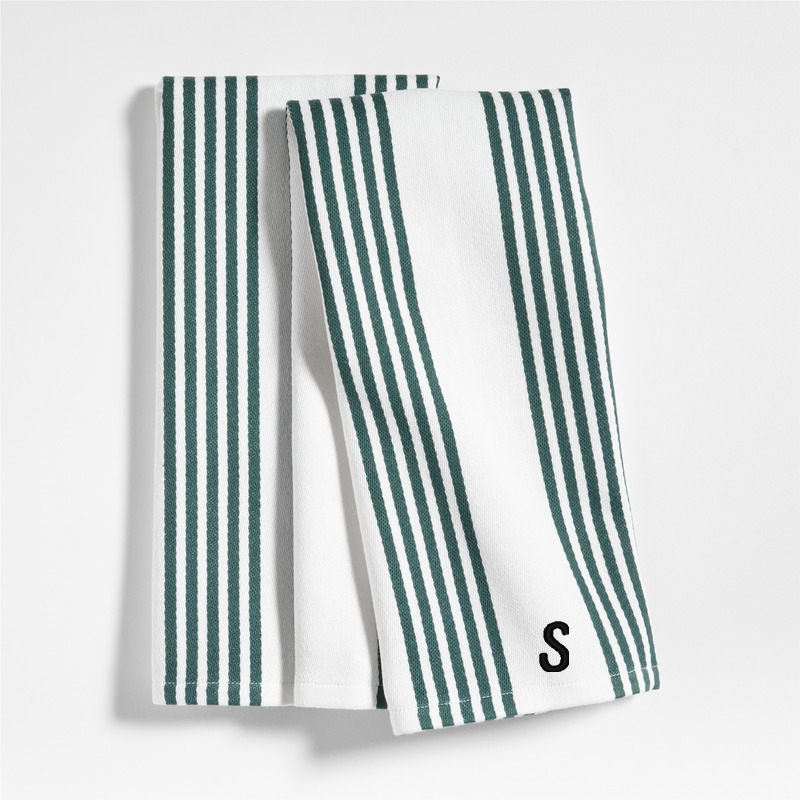 View Personalized Cuisine White with Green Stripe Organic Cotton Kitchen Towels, Set of 2 details