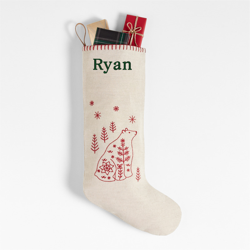 View Personalized Scandi Heritage Bear Linen Kids Christmas Stocking details
