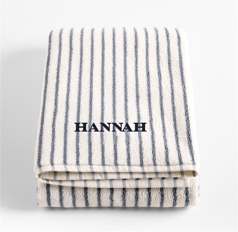 View Personalized Organic Classic Turkish Cotton Pampas Ivory and Evening Blue Stripe Bath Sheet details