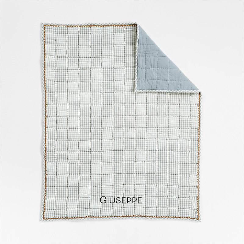View Personalized Blue Windowpane Plaid Organic Cotton Baby Crib Quilt details