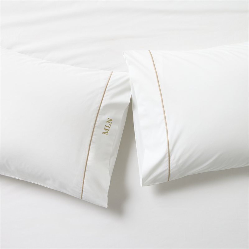 View Personalized Marisal Organic Cotton Percale 400 Thread Count White with Taupe Standard Pillowcases Set of 2 details