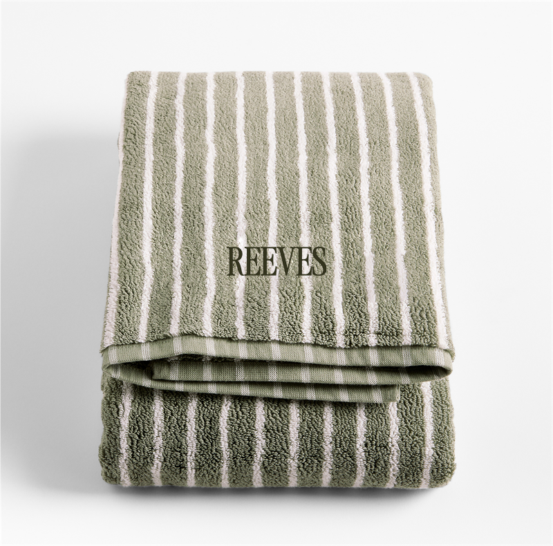 View Personalized Organic Turkish Cotton Shadow Sage and Pampas Ivory Stripe Bath Towel details