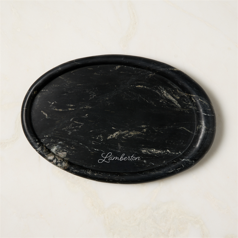 View Personalized Pave Oval Black Marble Serving Tray details