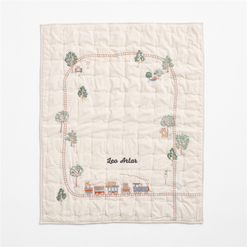 View Personalized Teddy Train Embroidered 100% Organic Cotton Baby Crib Quilt details