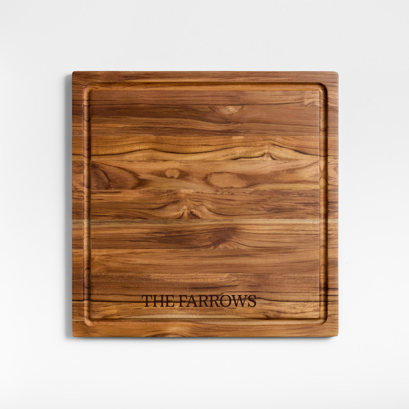 View Personalized Crate & Barrel Reversible Teak Wood Cutting Board 16"x16"x0.75" details