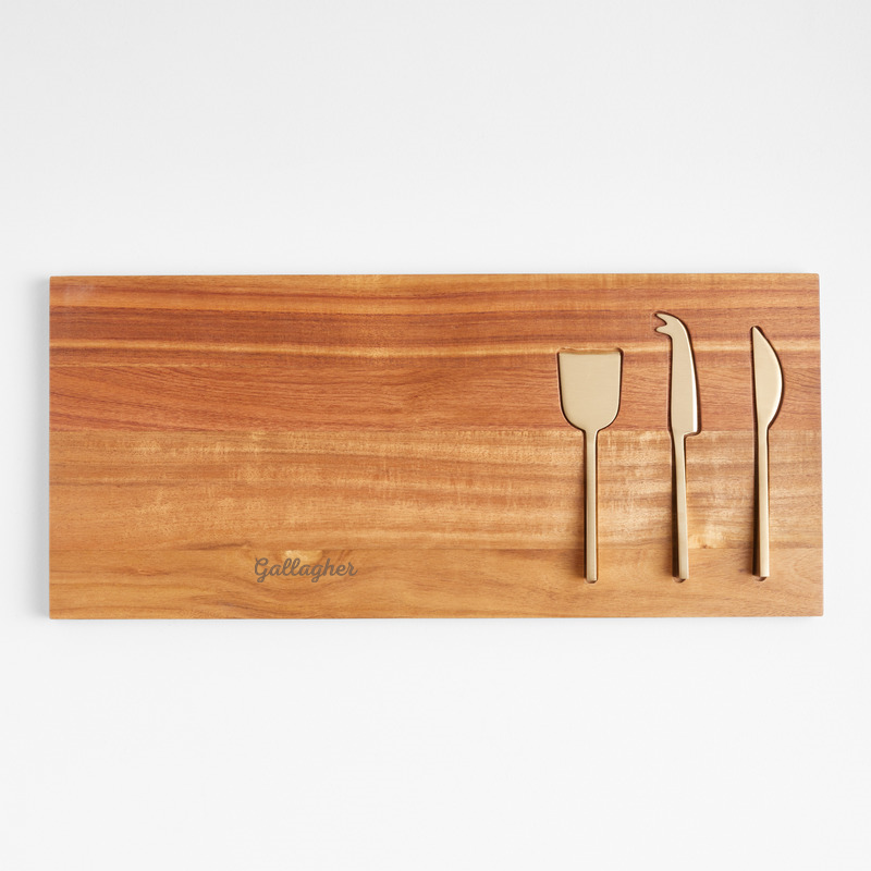 View Personalized Octavia Small Wood Serving Board With Cheese Knives details