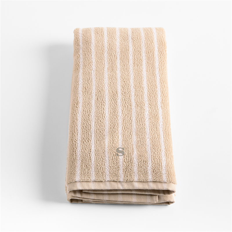View Personalized Organic Turkish Cotton Sand Beige and Crisp White Stripe Hand Towel details